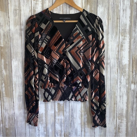 White House Black Market Geo Print Velvet Long Sleeve Blouse - Picture 4 of 8